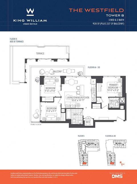 Floor plan for 3 beds, 2 baths, 998 sqft